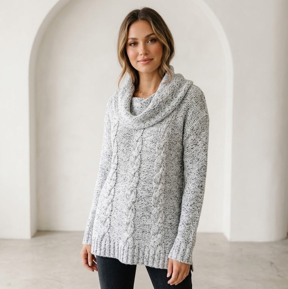 Kensie Blue Ivory Marled Chunky Cable Knit Cowl Neck Sweater Tunic Size M